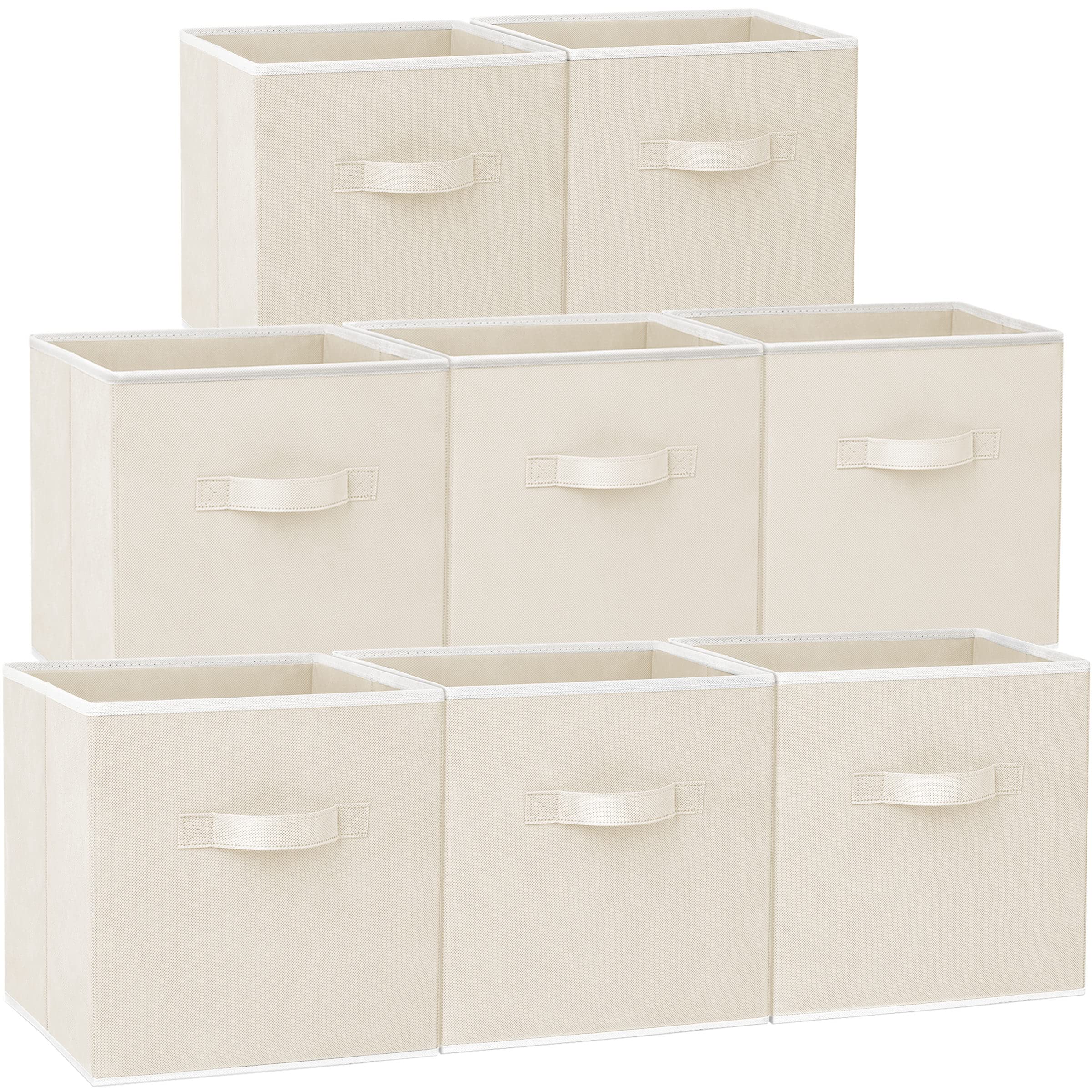 Criusia front view of eight beige storage cubes showing uniform pack and neat look