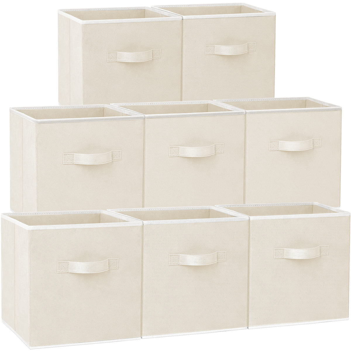 Criusia front view of eight beige storage cubes showing uniform pack and neat look