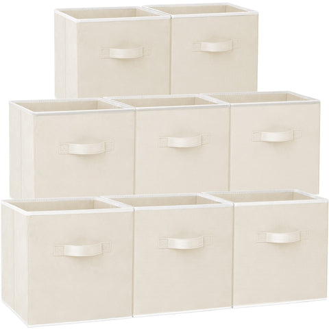 Criusia front view of eight beige storage cubes showing uniform pack and neat look