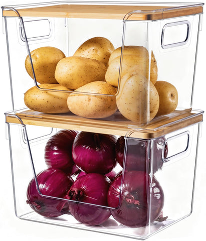 Criusia front view showing clear bins and bamboo lids for tidy storage