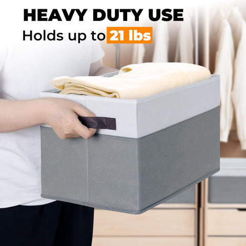 Criusia storage bins on a closet shelf holding folded clothes showing space-saving benefit
