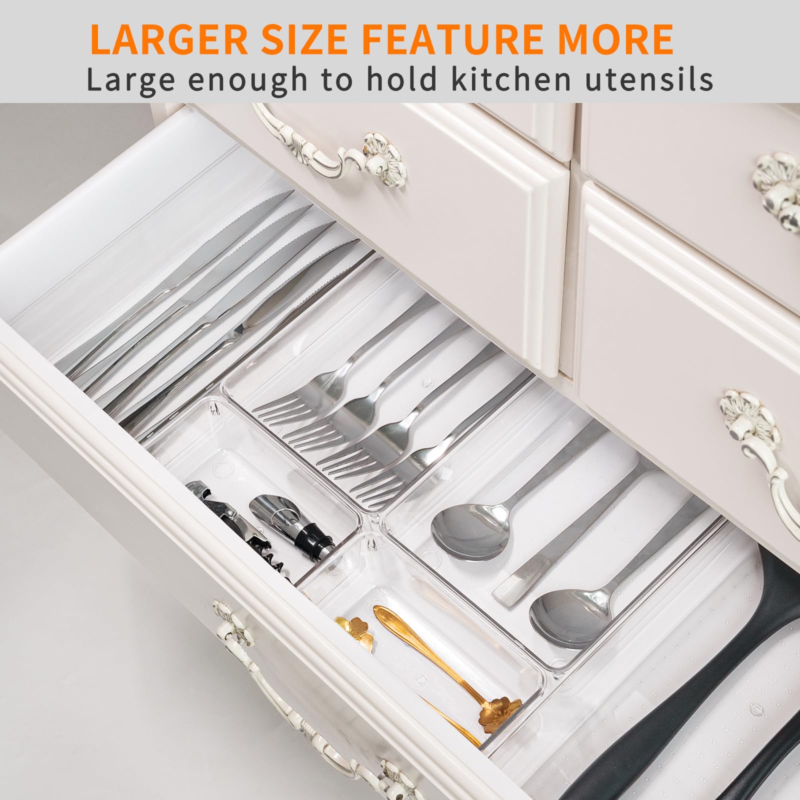 Criusia trays in a kitchen drawer holding utensils for quick meal prep