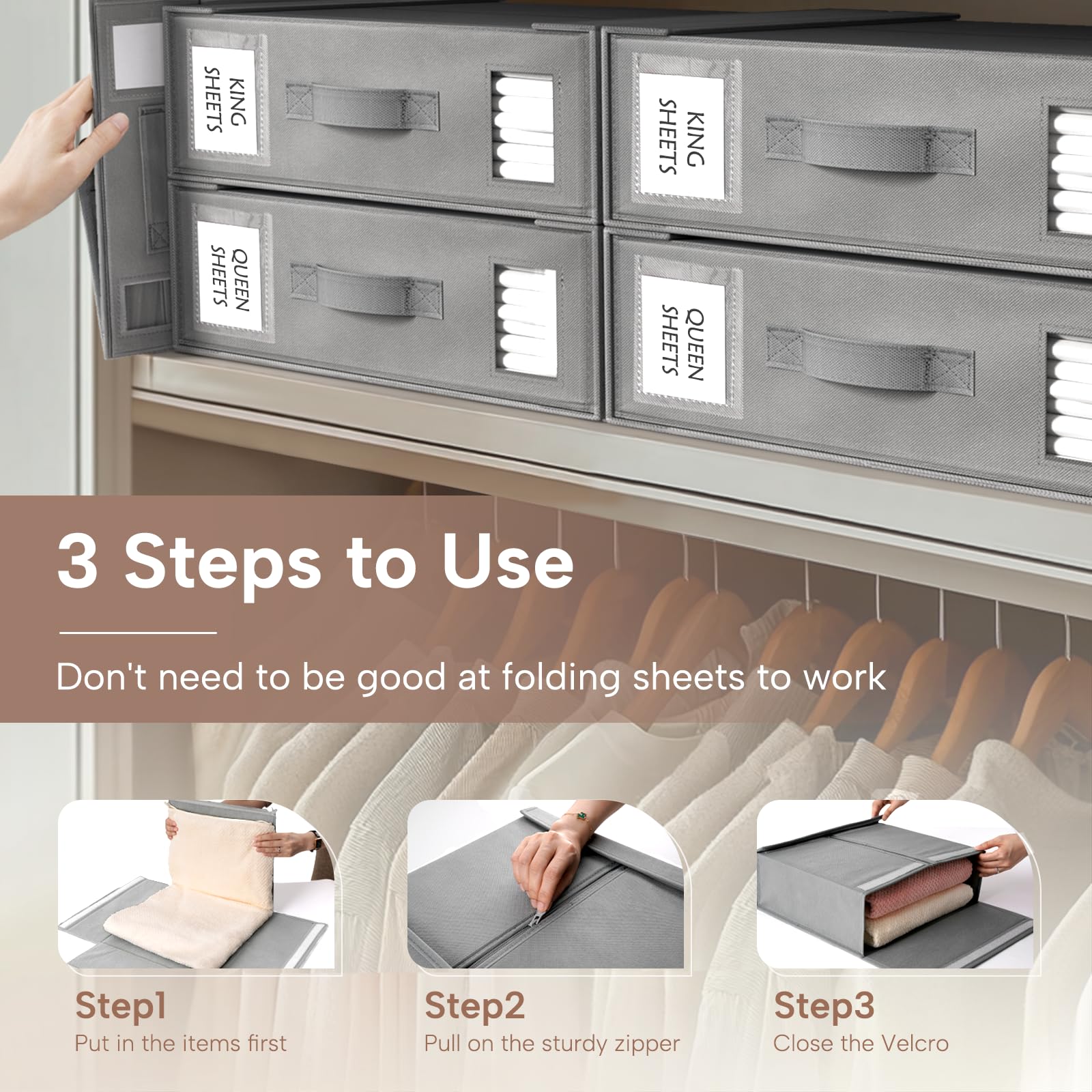 Criusia stacked boxes on closet shelf maximizing vertical storage space