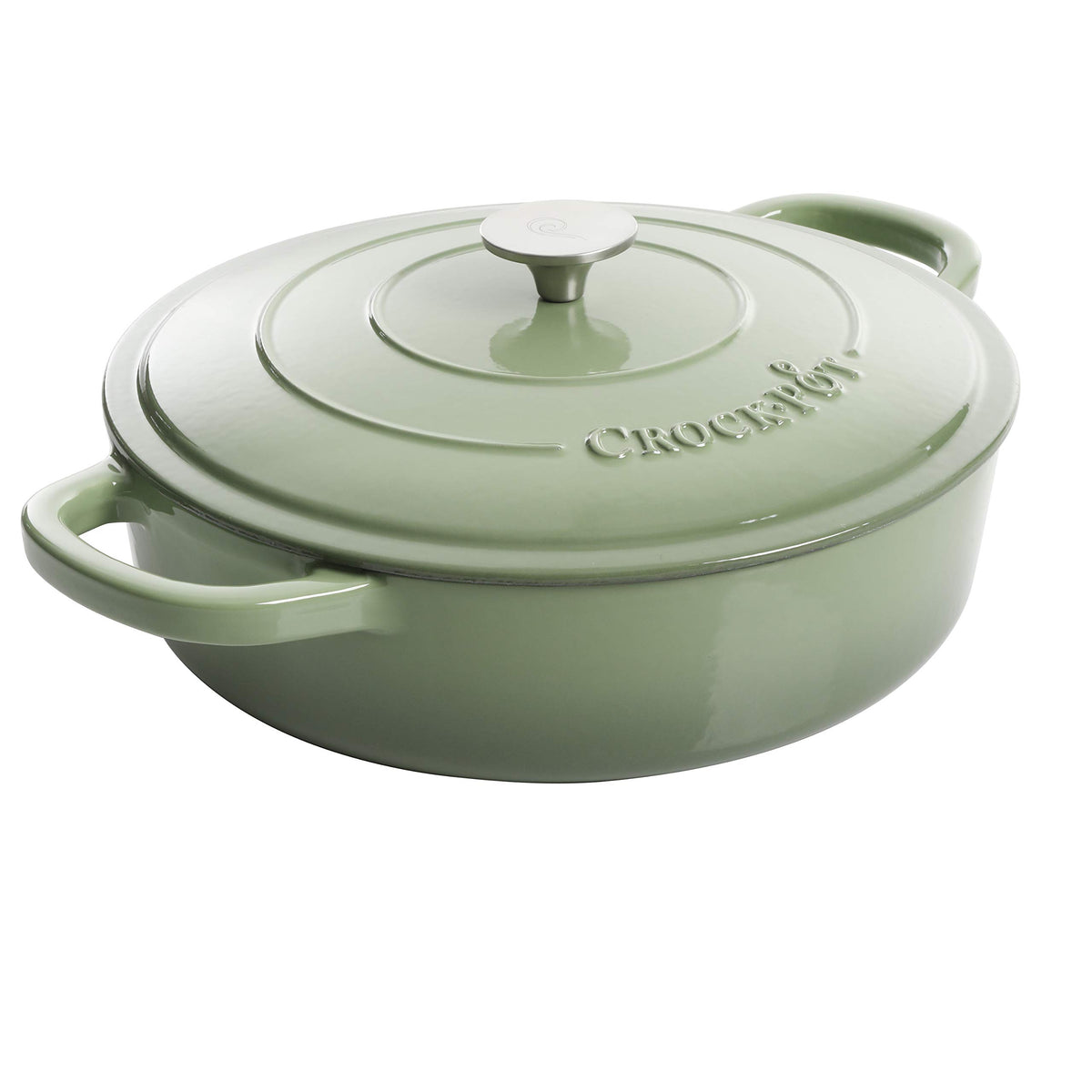 Crock-Pot Artisan braiser front view showing pistachio finish and sturdy handles for serving
