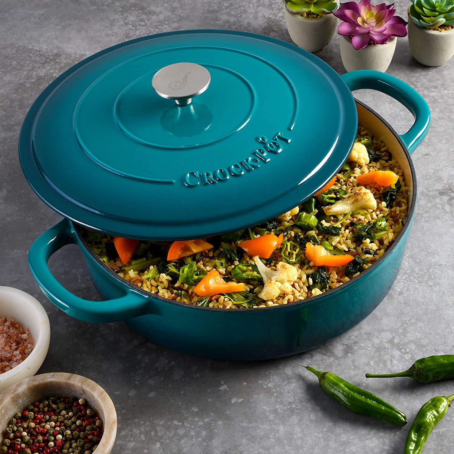 Crock-Pot Artisan braiser packaging and label showing product details and unboxing ease