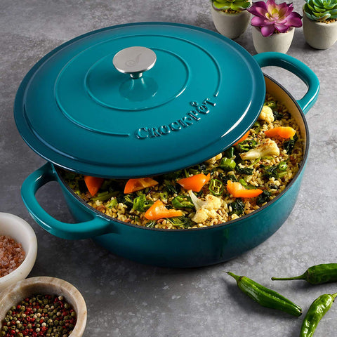 Crock-Pot Artisan braiser packaging and label showing product details and unboxing ease