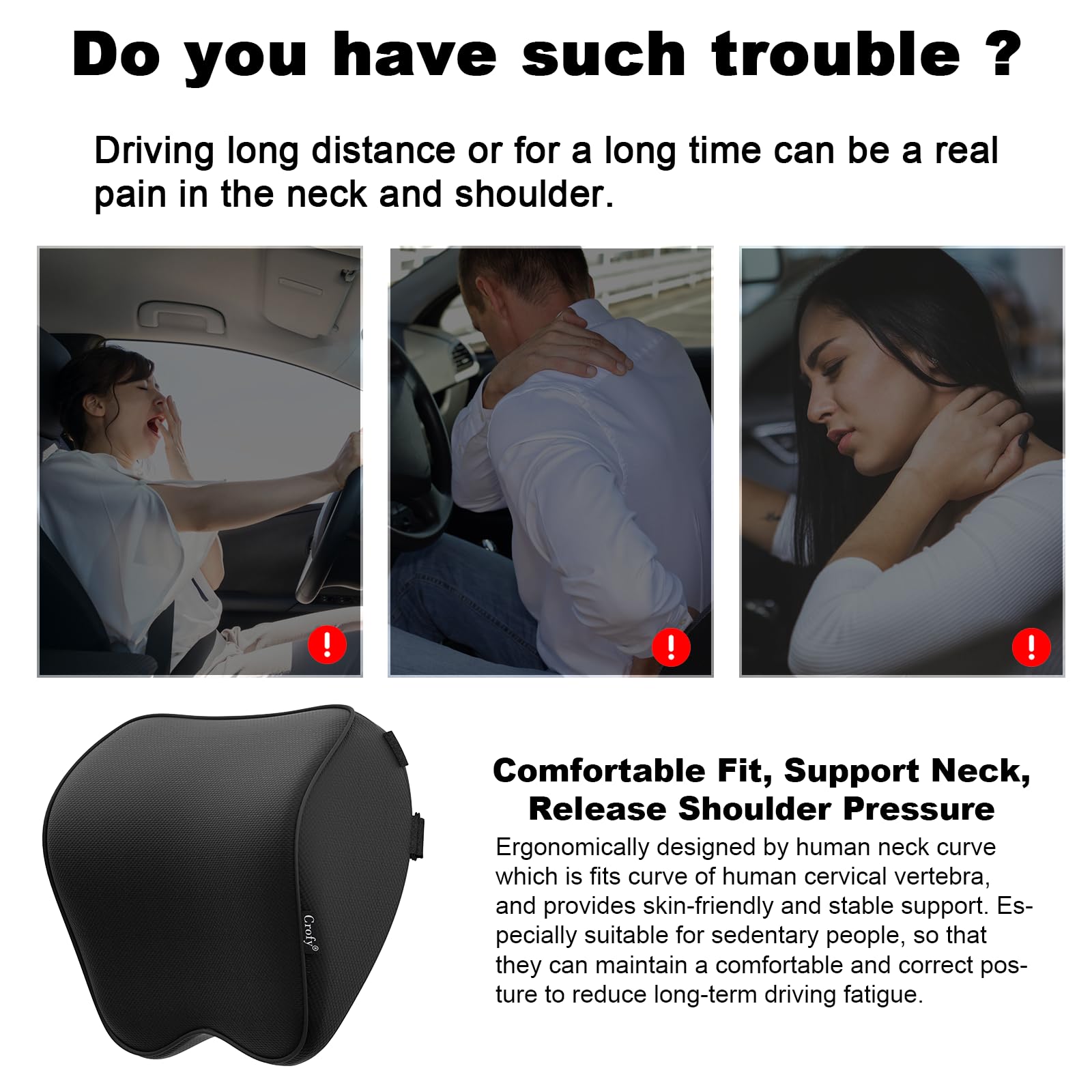 Crofy pillow installed on car seat showing stable support while driving