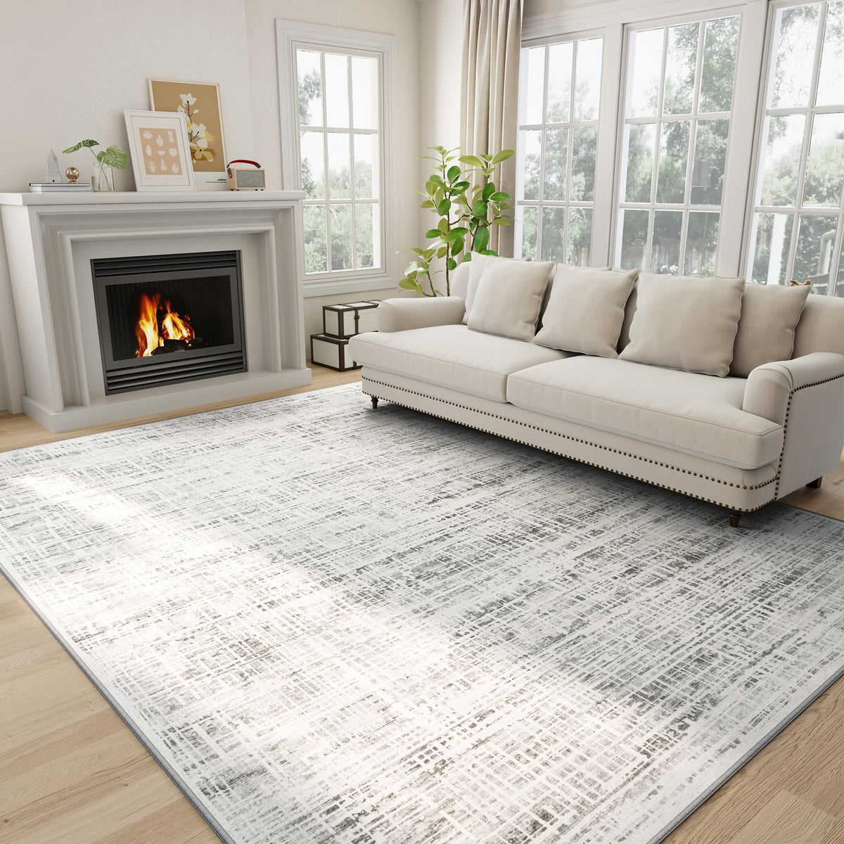 Crority front view showing full 6x9 rug and modern abstract appeal for stylish rooms