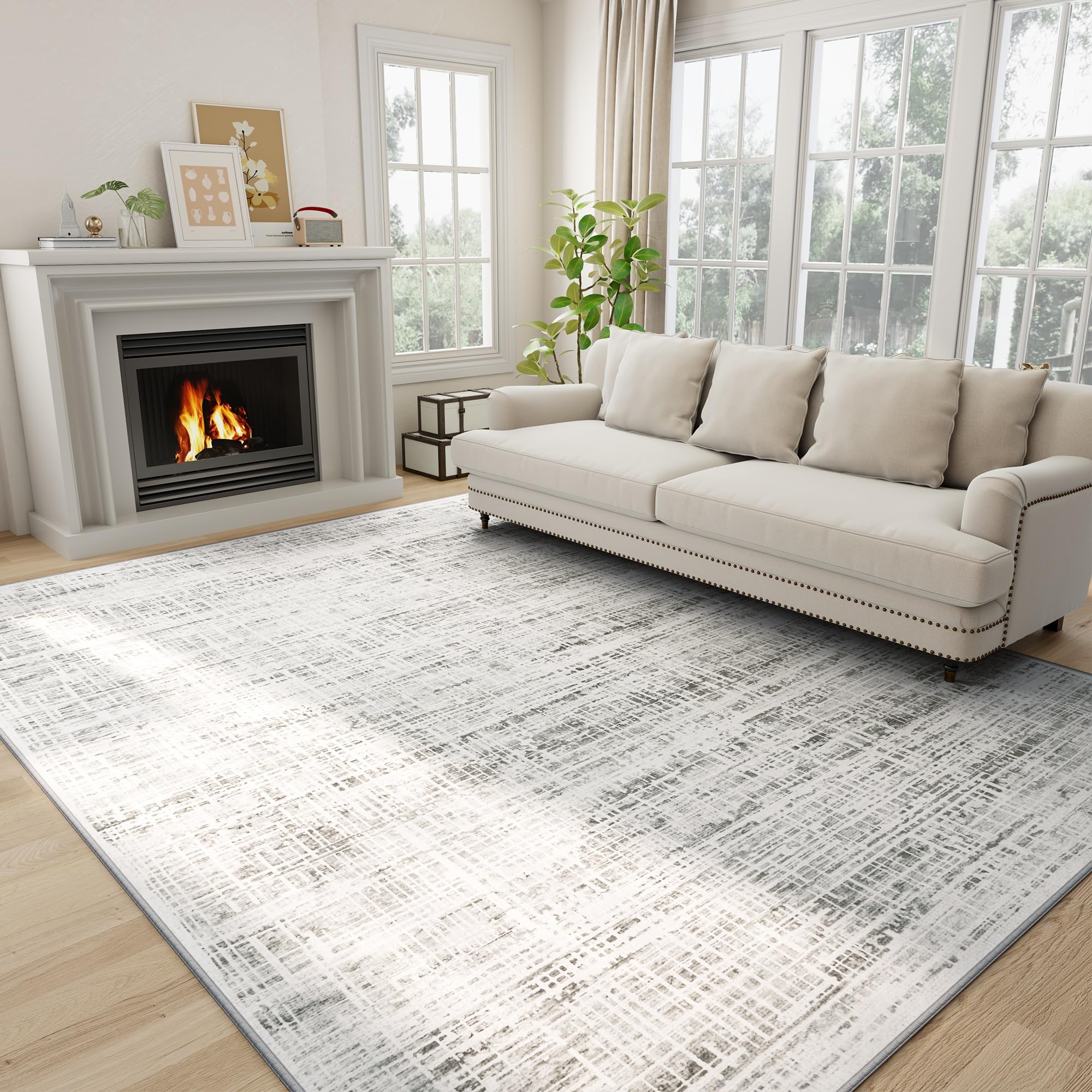 Crority front view of 8x10 rug showing modern white-gray design and room benefit