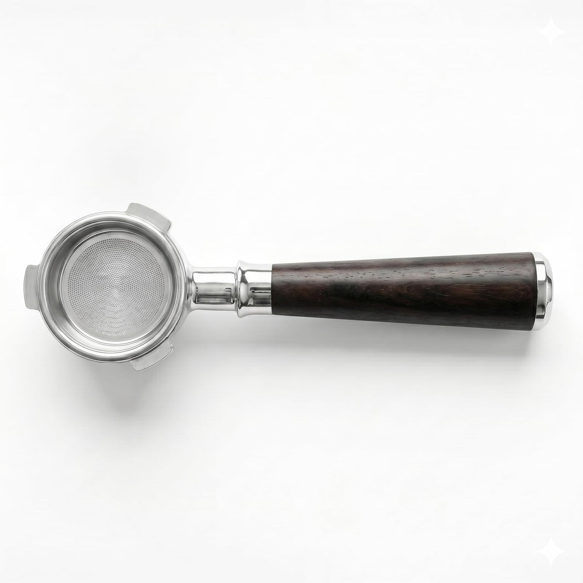 CrossCreek portafilter front view showing polished head and rosewood handle, improved handling