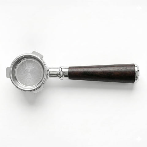 CrossCreek portafilter front view showing polished head and rosewood handle, improved handling
