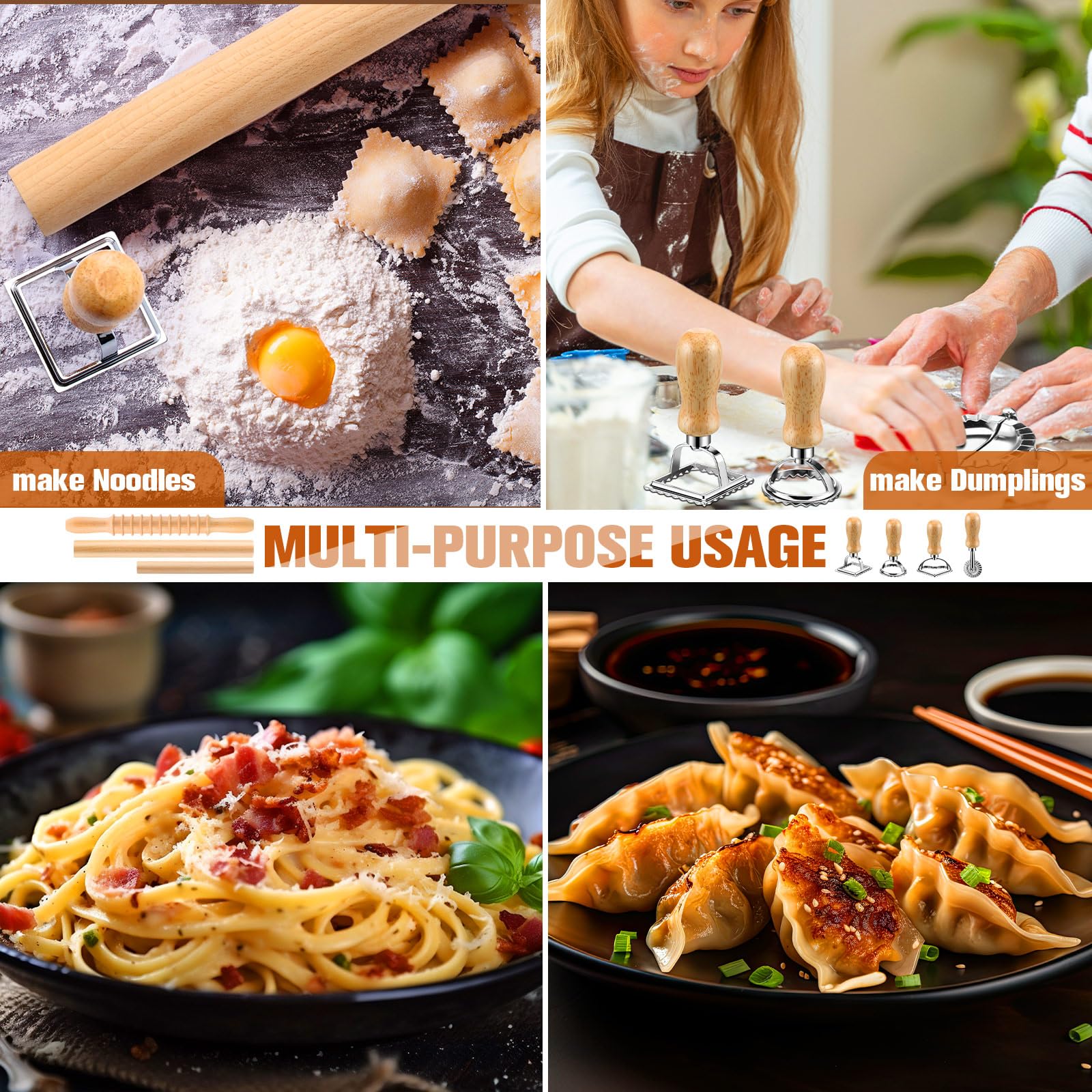 Crssbrohip wooden pasta cutter and knife demonstrating clean, even noodle cuts