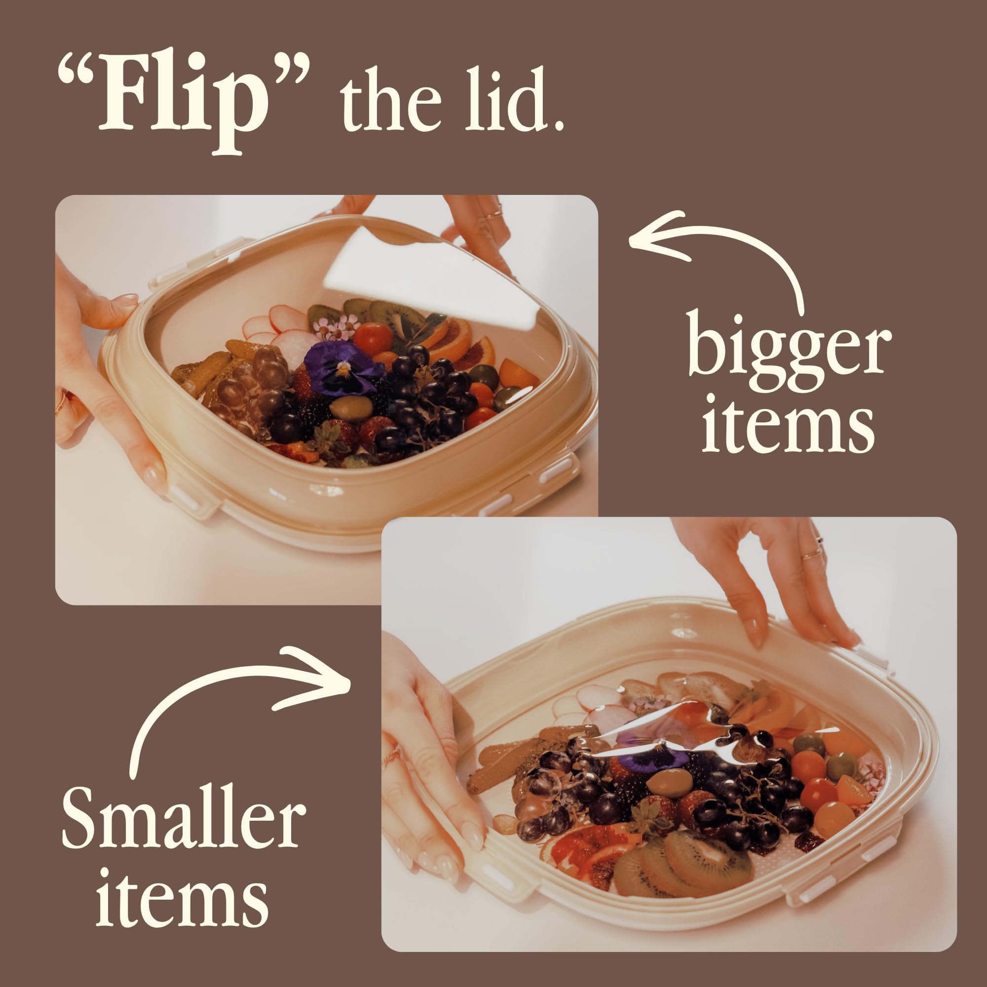 Crudités close shot of base texture and label highlighting durable, BPA-free materials