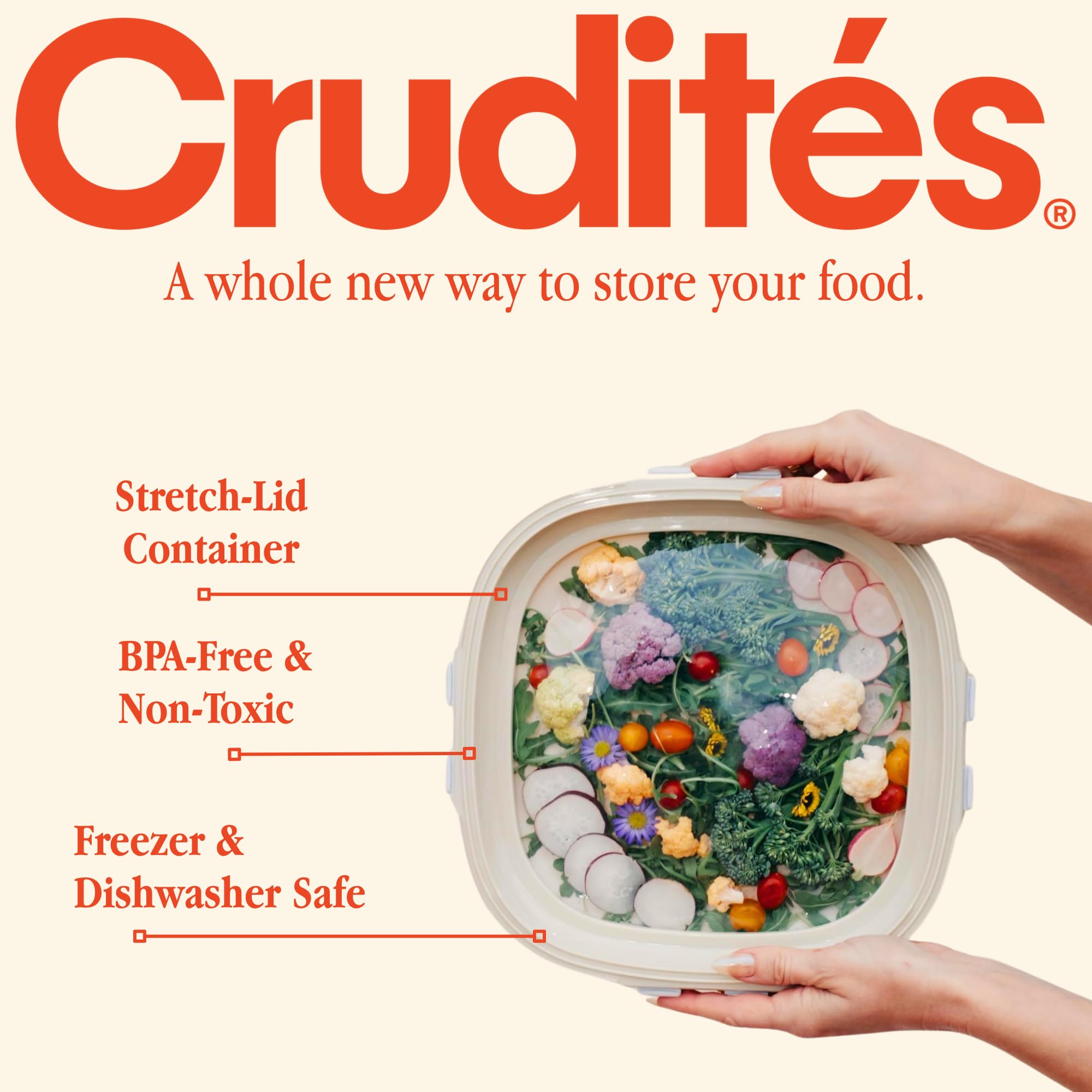 Crudités tray in freezer with frosted food demonstrating freezer-safe meal prepping benefit