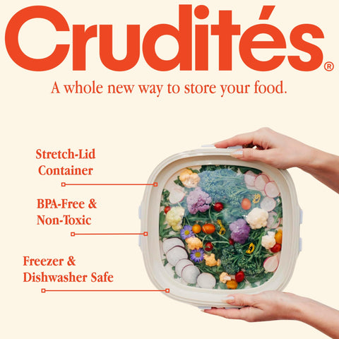 Crudités tray in freezer with frosted food demonstrating freezer-safe meal prepping benefit