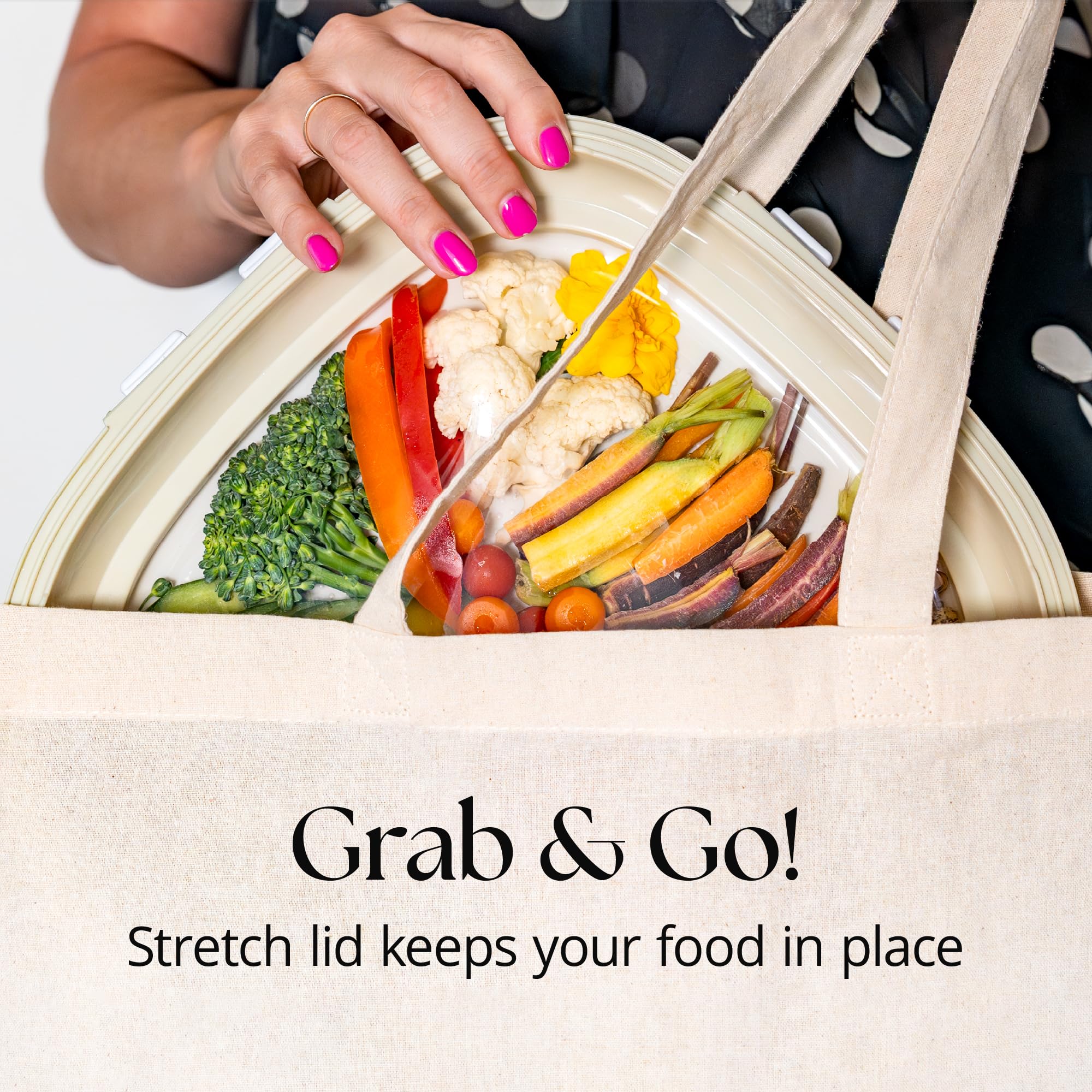 Crudités trays inside backpack showing convenient transport for commuting meals