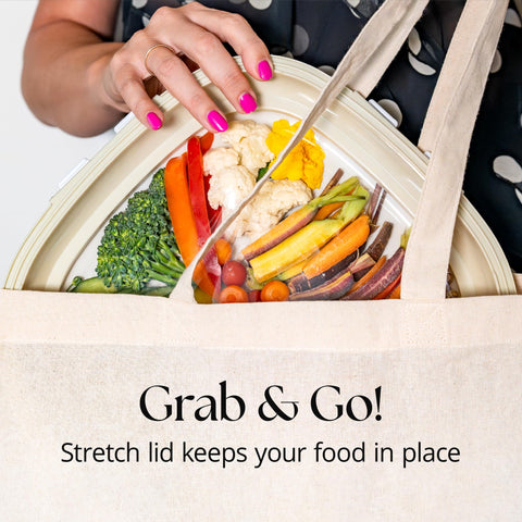 Crudités trays inside backpack showing convenient transport for commuting meals