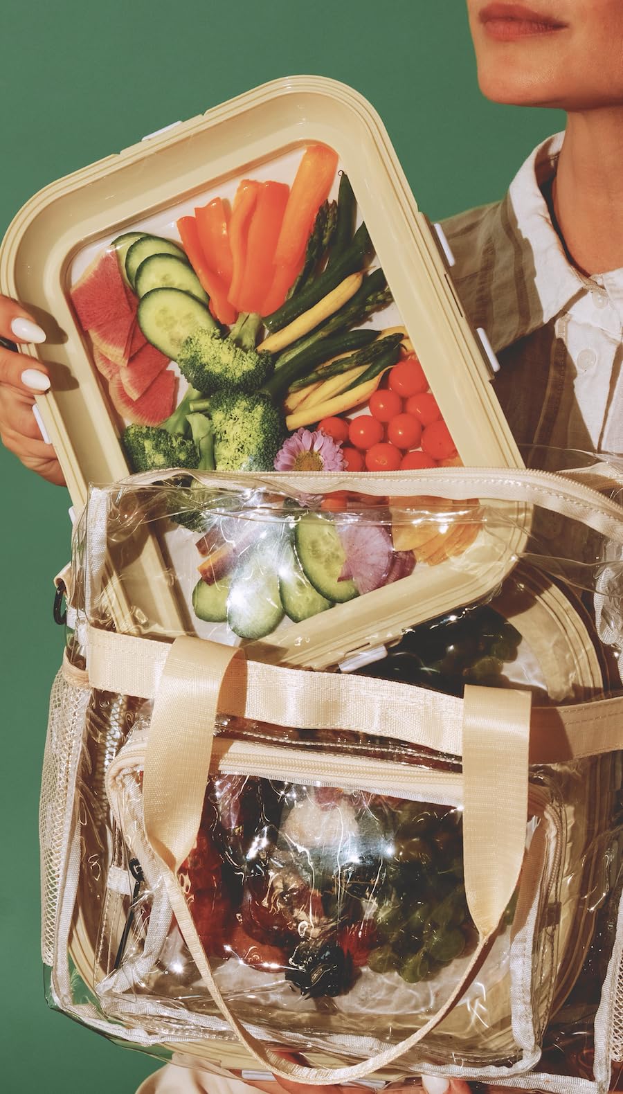 Crudités tray filled with charcuterie and fruit showing versatile entertaining use