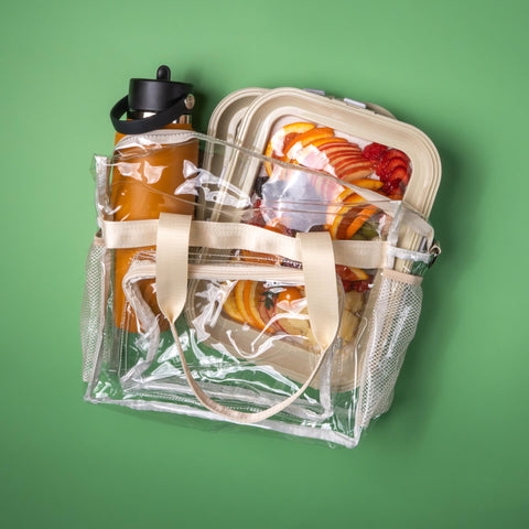 Two Crudités rectangle trays stacked neatly in a refrigerator for space-saving storage