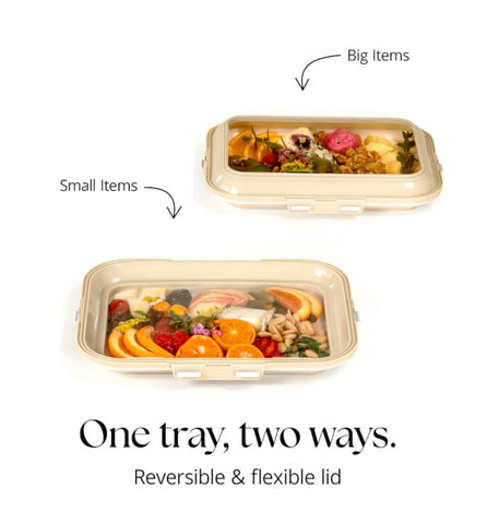 Close-up of Crudités stretch lid edge demonstrating elastic seal and easy removal