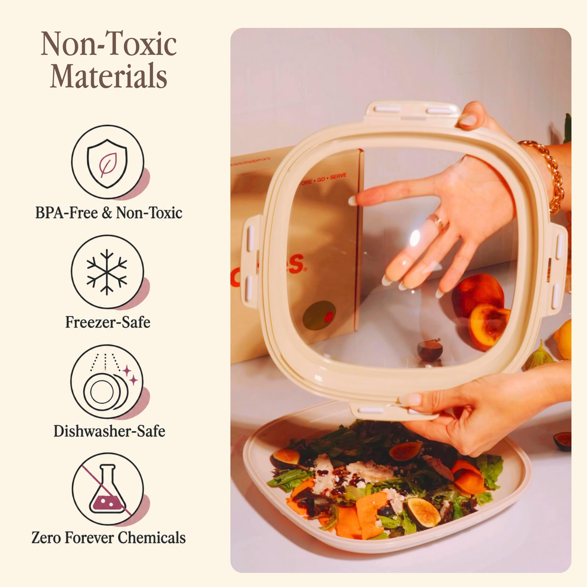 Crudités stacked trays inside refrigerator showing space-saving organization benefit