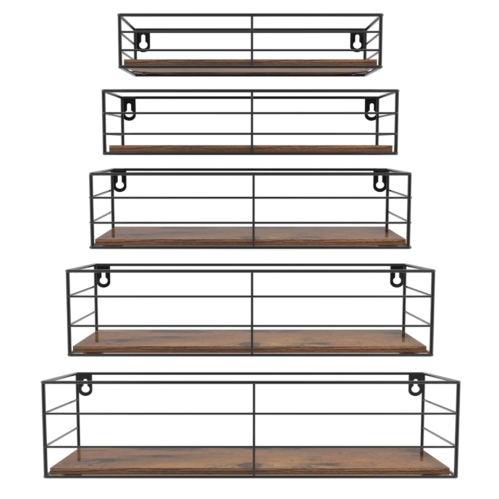 CRUGLA front view of five floating shelves showing neat storage benefit