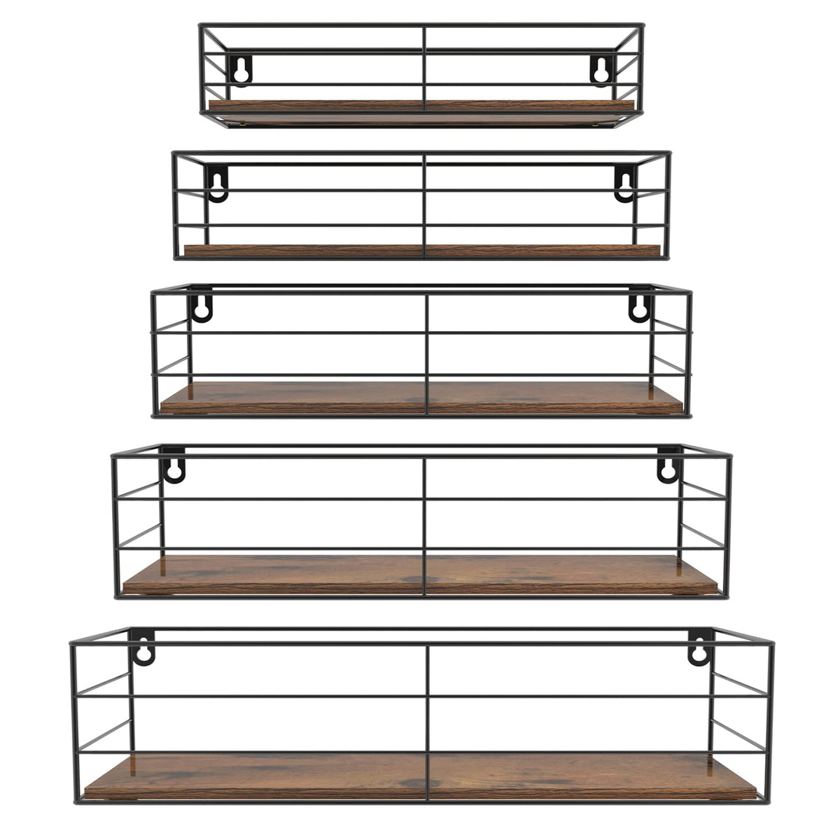 CRUGLA front view of five floating shelves showing neat storage benefit