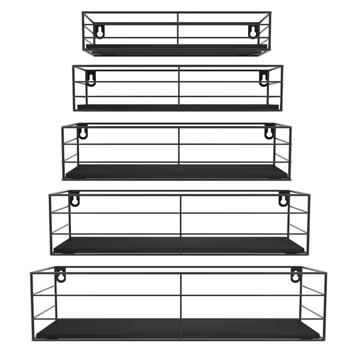 CRUGLA front view showing five black floating shelves and clean modern look