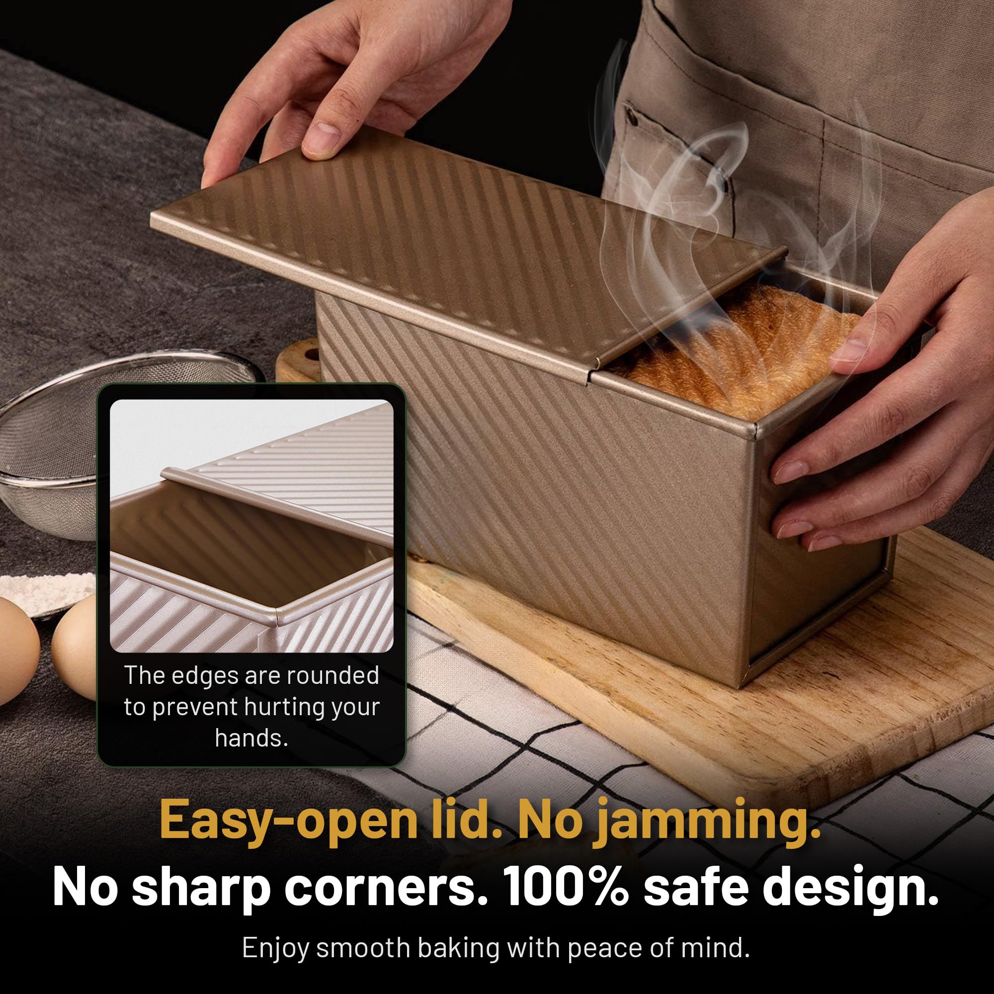 CRUSTLE lid sliding smoothly on pan to preserve loaf shape and simplify handling