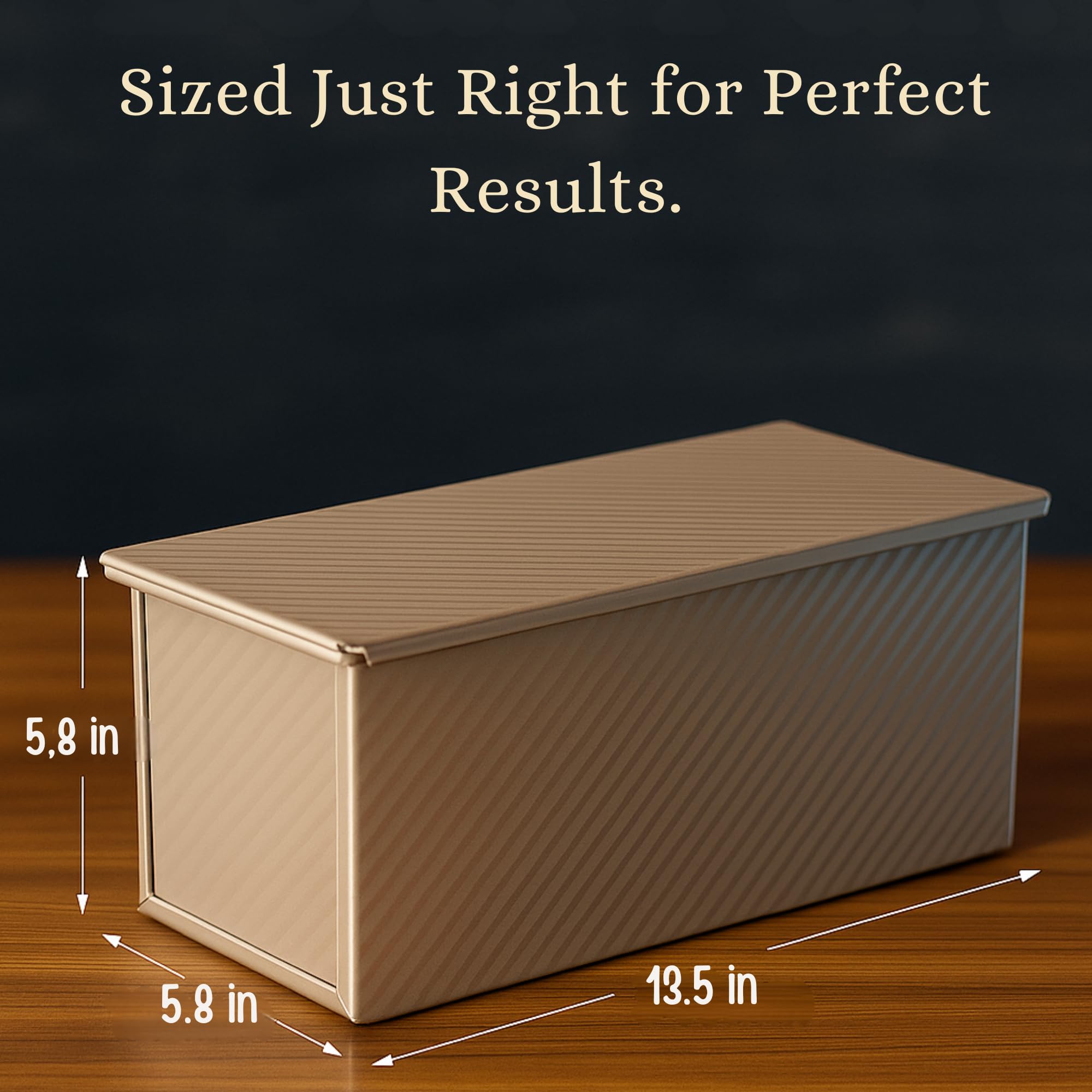 CRUSTLE pan next to ruler showing 13.4 inches length to indicate loaf capacity