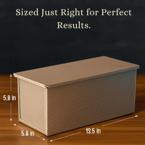 CRUSTLE pan next to ruler showing 13.4 inches length to indicate loaf capacity