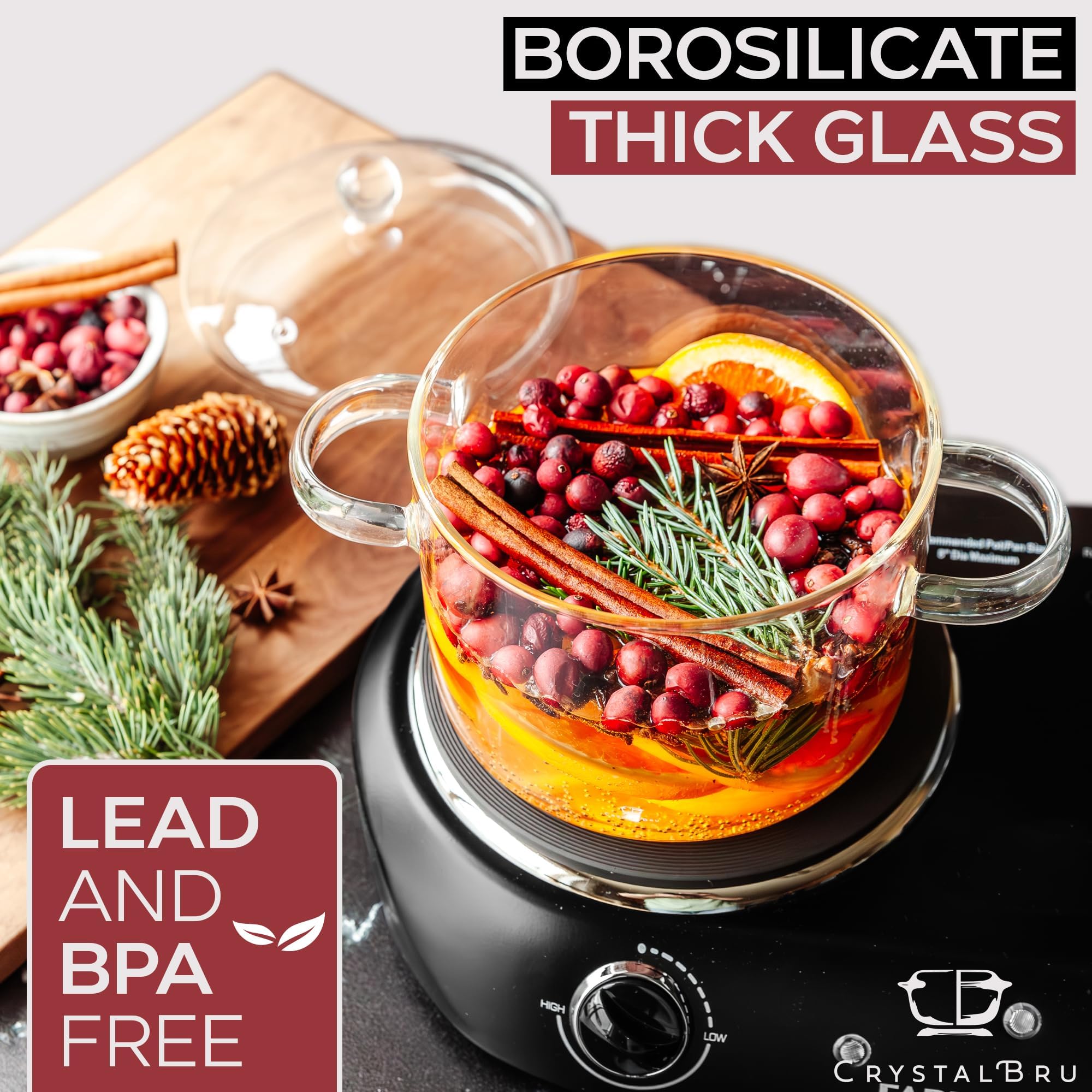 Crystalbru anti-scald handles close-up, provide safe grip when pot is warm