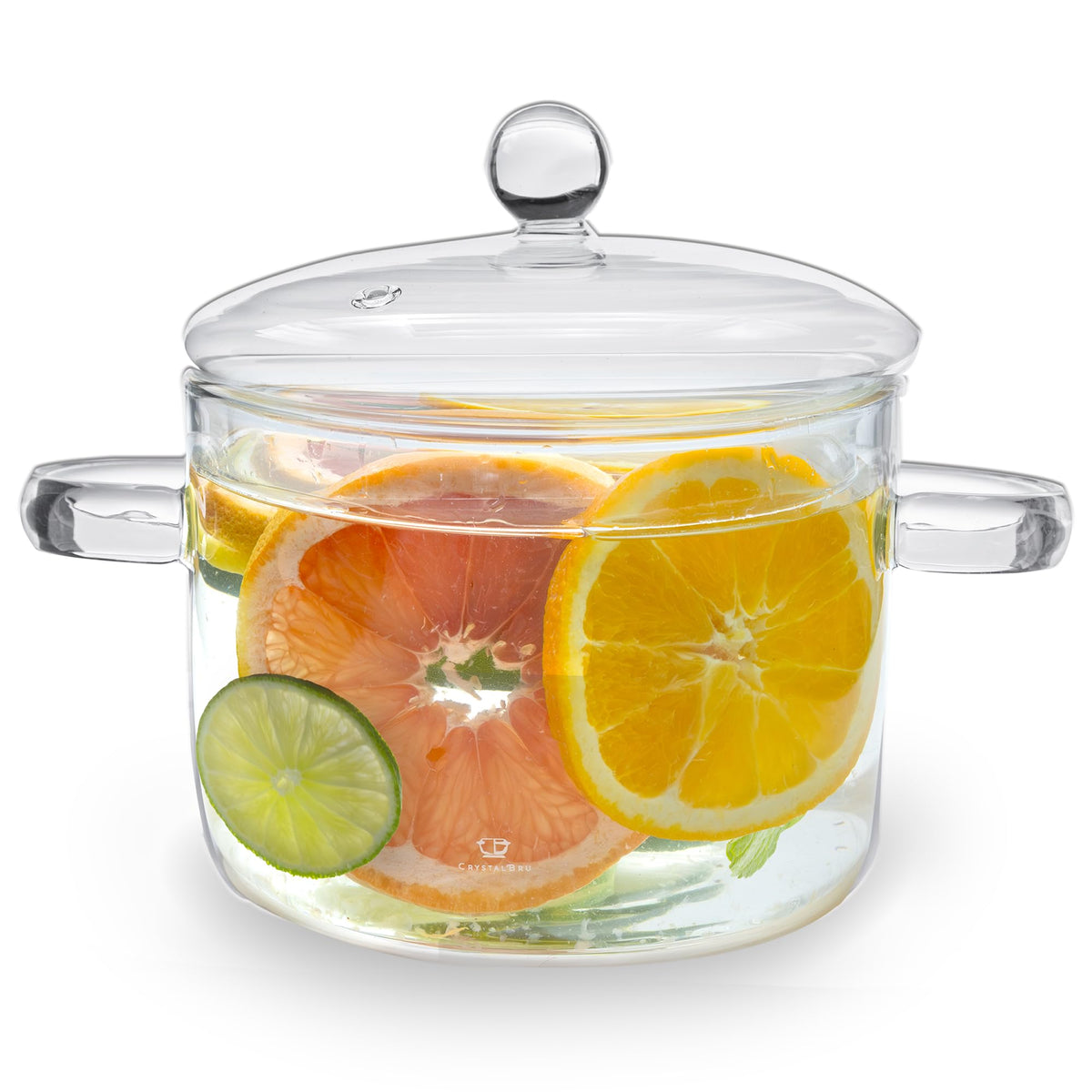 Crystalbru front view of clear glass pot showing capacity and lid, lets you monitor cooking