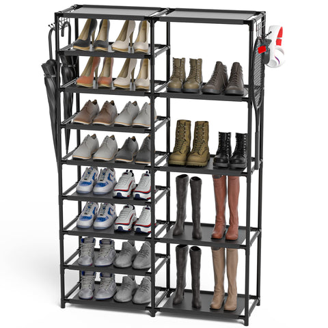 CSXGBAB full front view of 9-tier shoe rack showing organized pairs and benefit of vertical storage