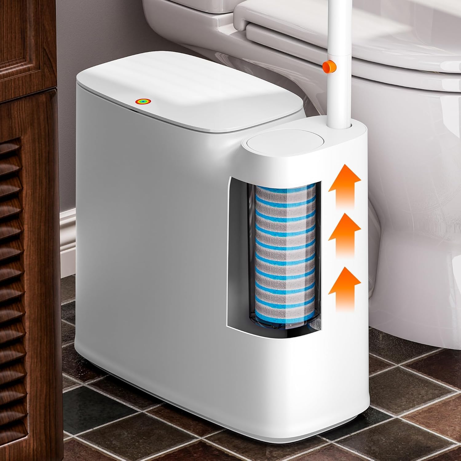 CTIME toilet brush in use cleaning rim, reaches narrow gaps easily