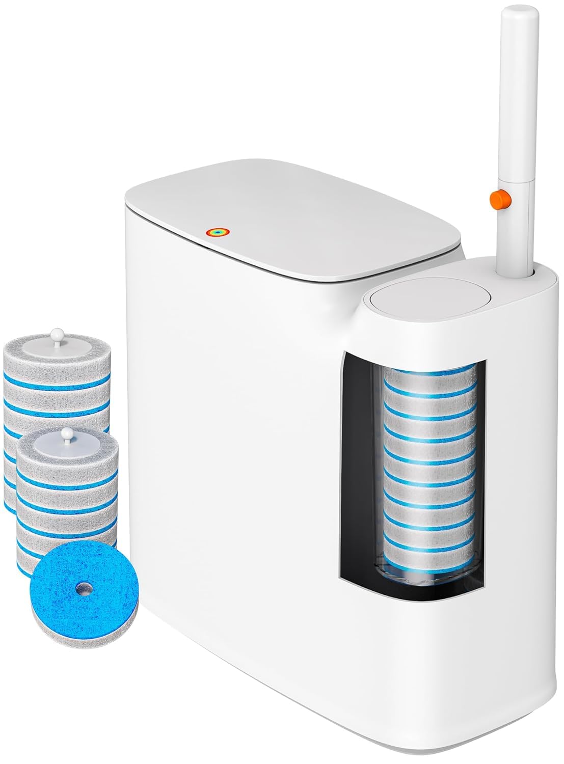 CTIME front view of compact trash can and integrated brush, keeps bathroom tidy