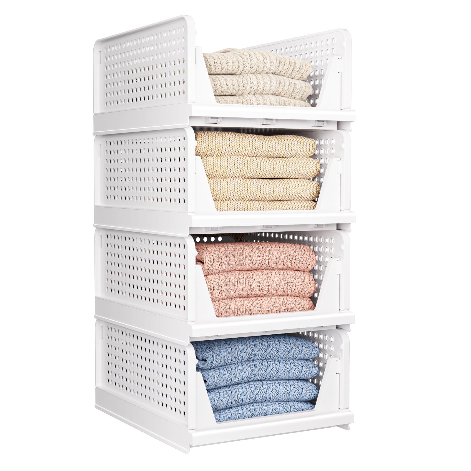 CTSNSLH front view of four white stackable organizers showing neat storage benefit