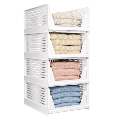 CTSNSLH front view of four white stackable organizers showing neat storage benefit