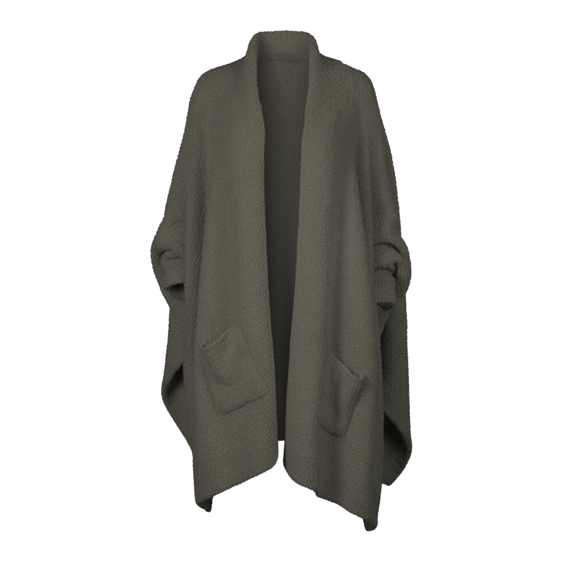 CUBRIDGE front view of green poncho showing full coverage and shawl style