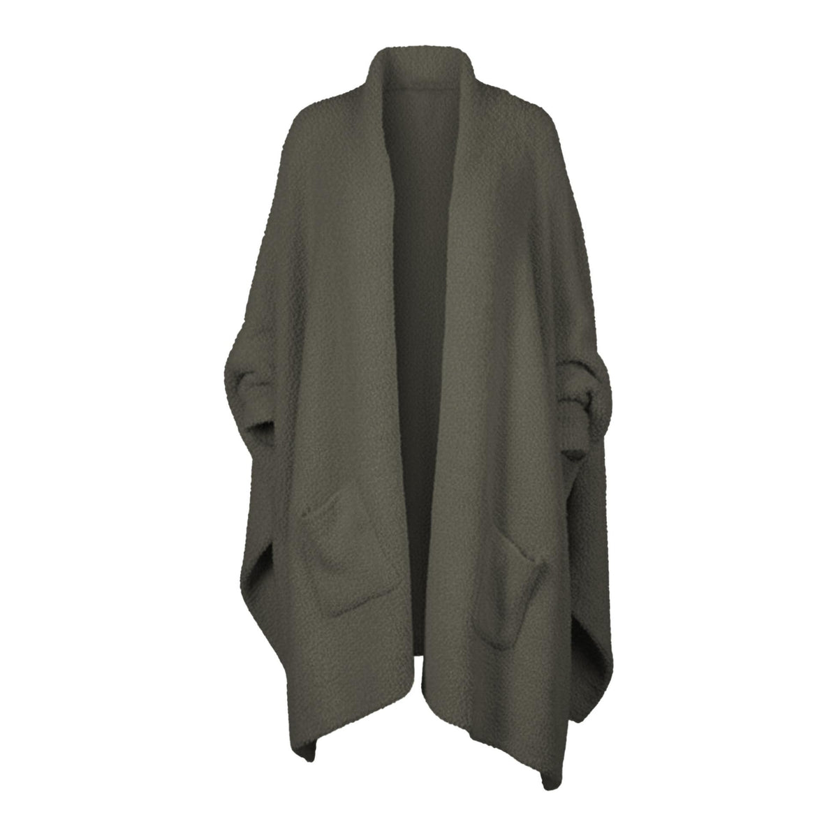 CUBRIDGE front view of green poncho showing full coverage and shawl style