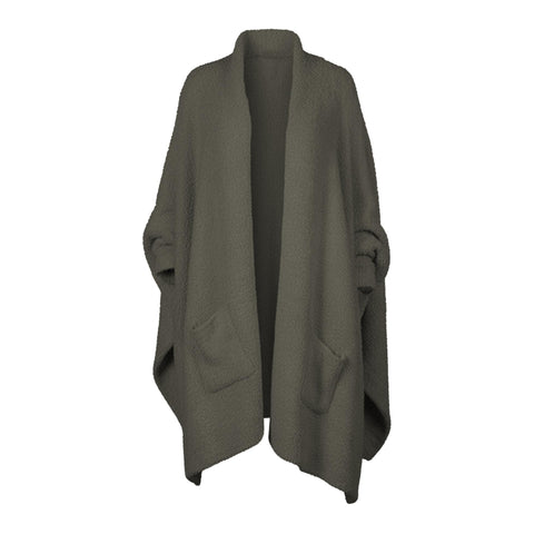CUBRIDGE front view of green poncho showing full coverage and shawl style