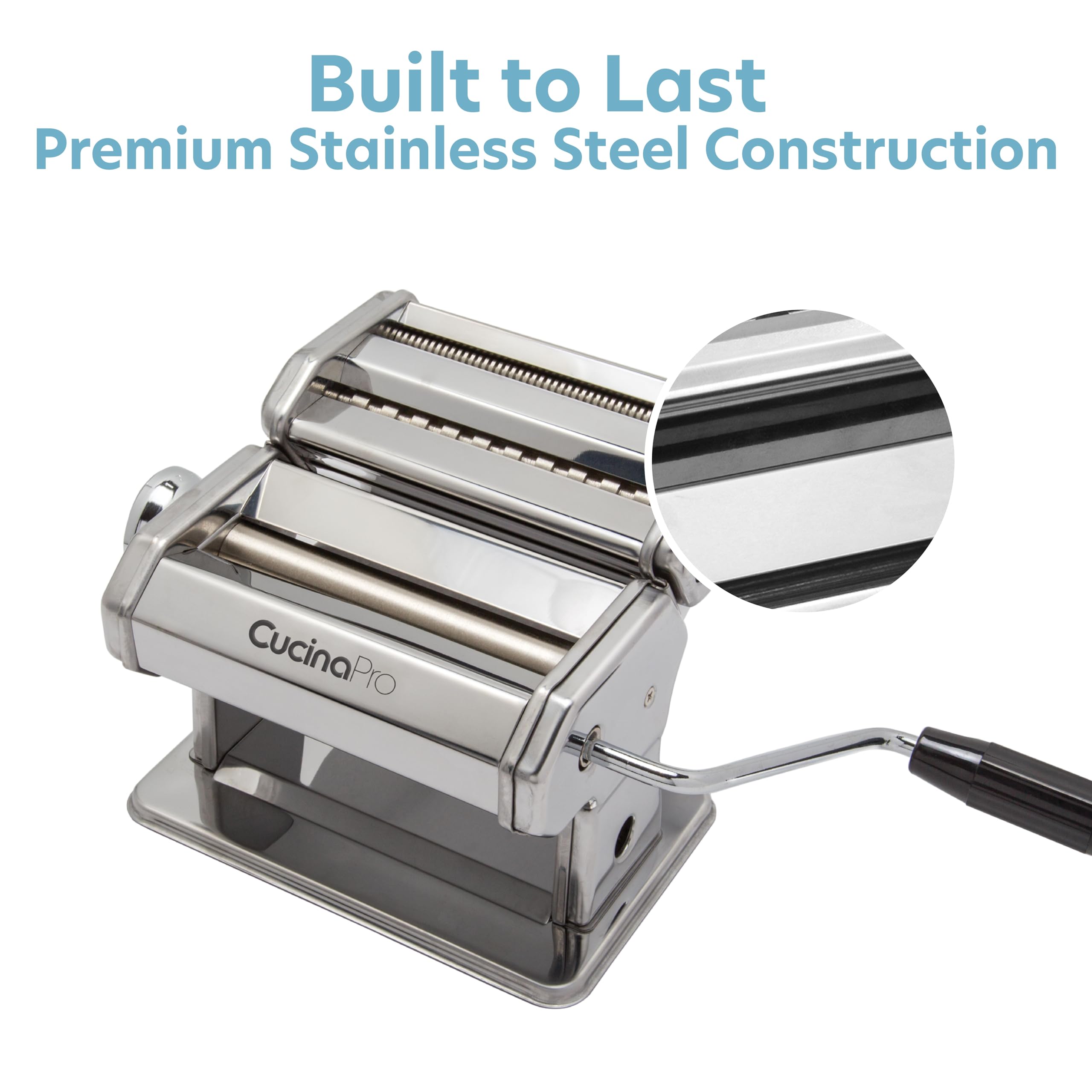 CucinaPro clamp mounted on countertop providing stability while rolling dough benefit