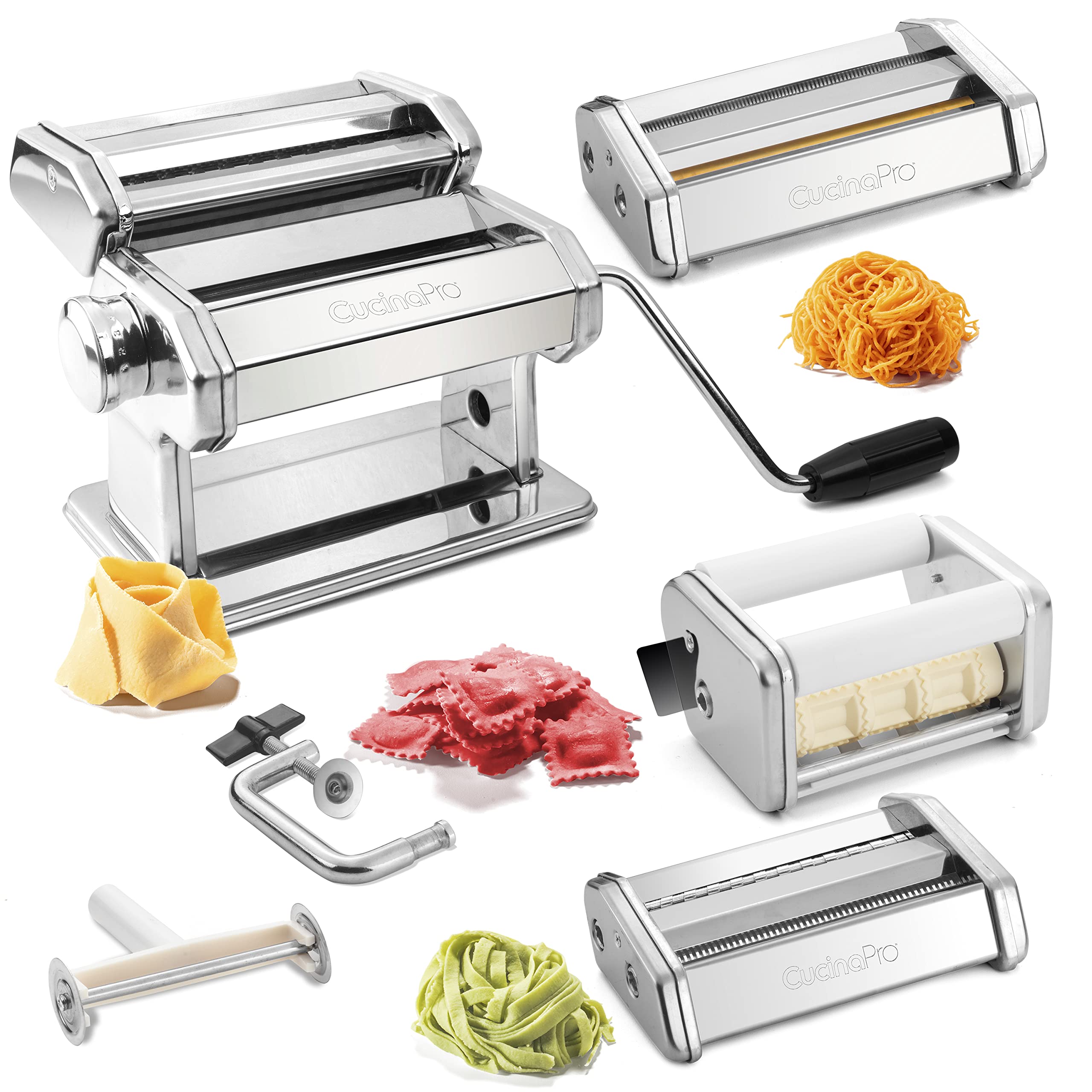 CucinaPro front view of chrome pasta maker showing compact durable design benefit