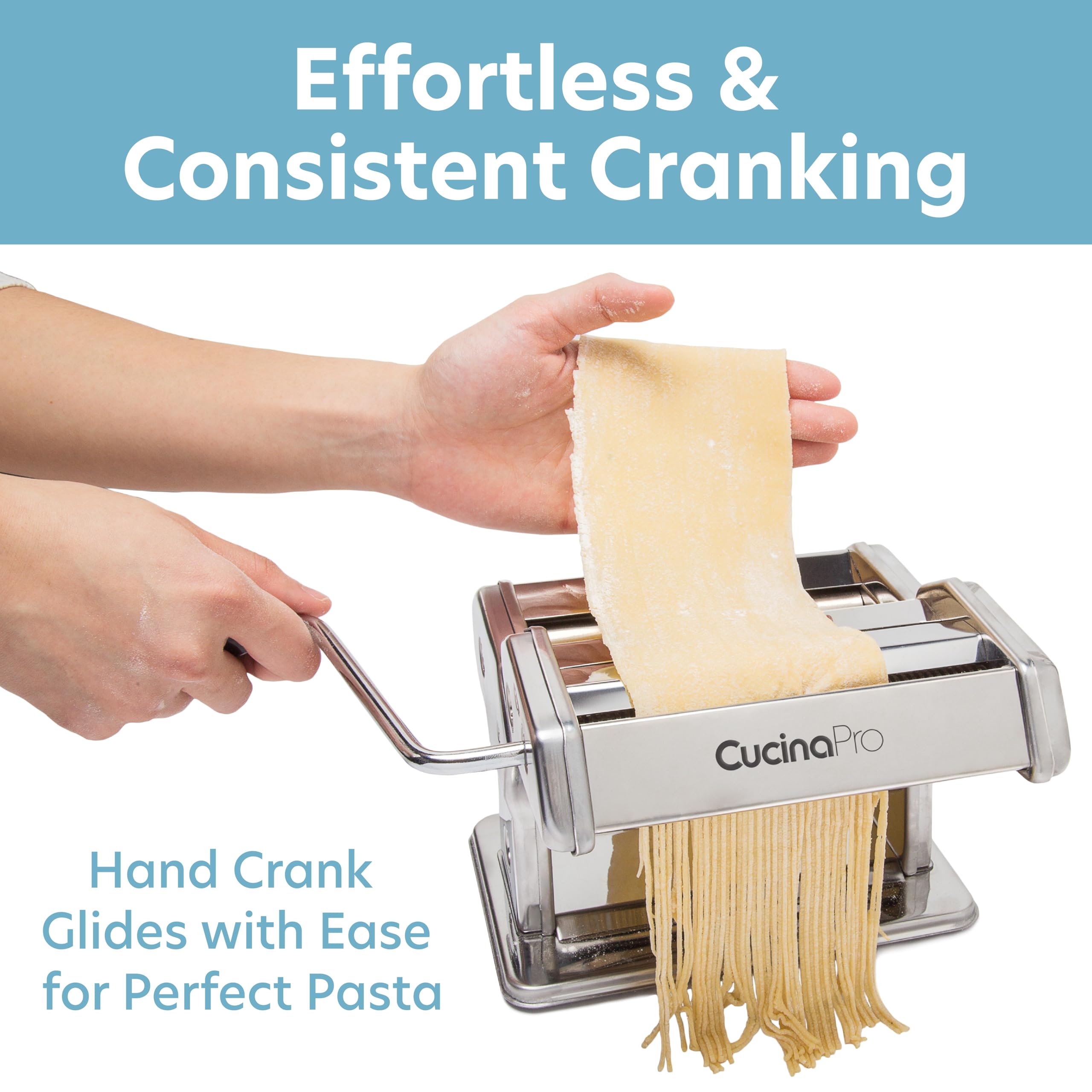 CucinaPro hand crank close-up illustrating ergonomic grip for precise control benefit