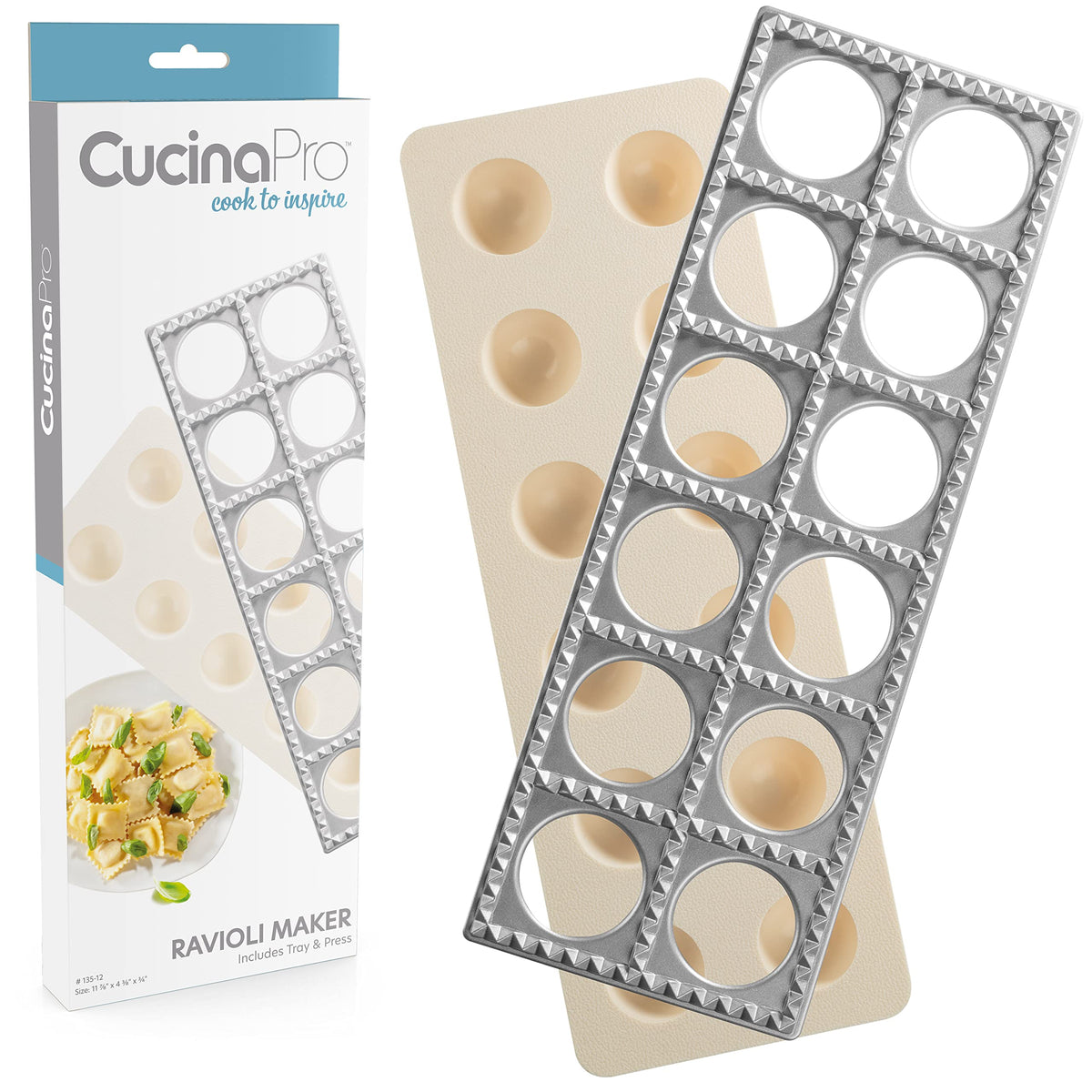 CucinaPro front view of ravioli tray showing 12 cavities and fast prep benefit
