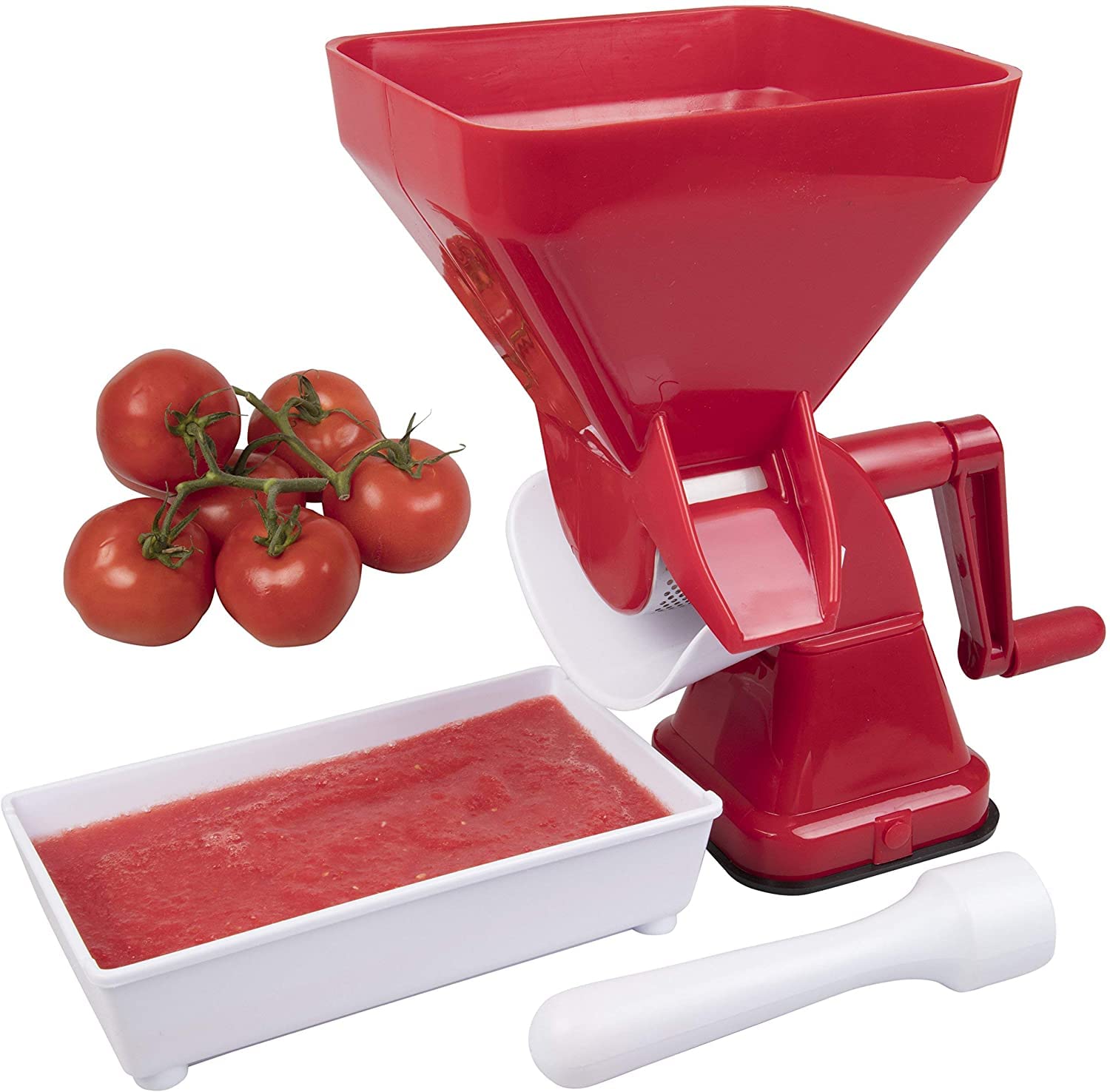 CucinaPro front view showing assembled tomato strainer and tray for easy juicing