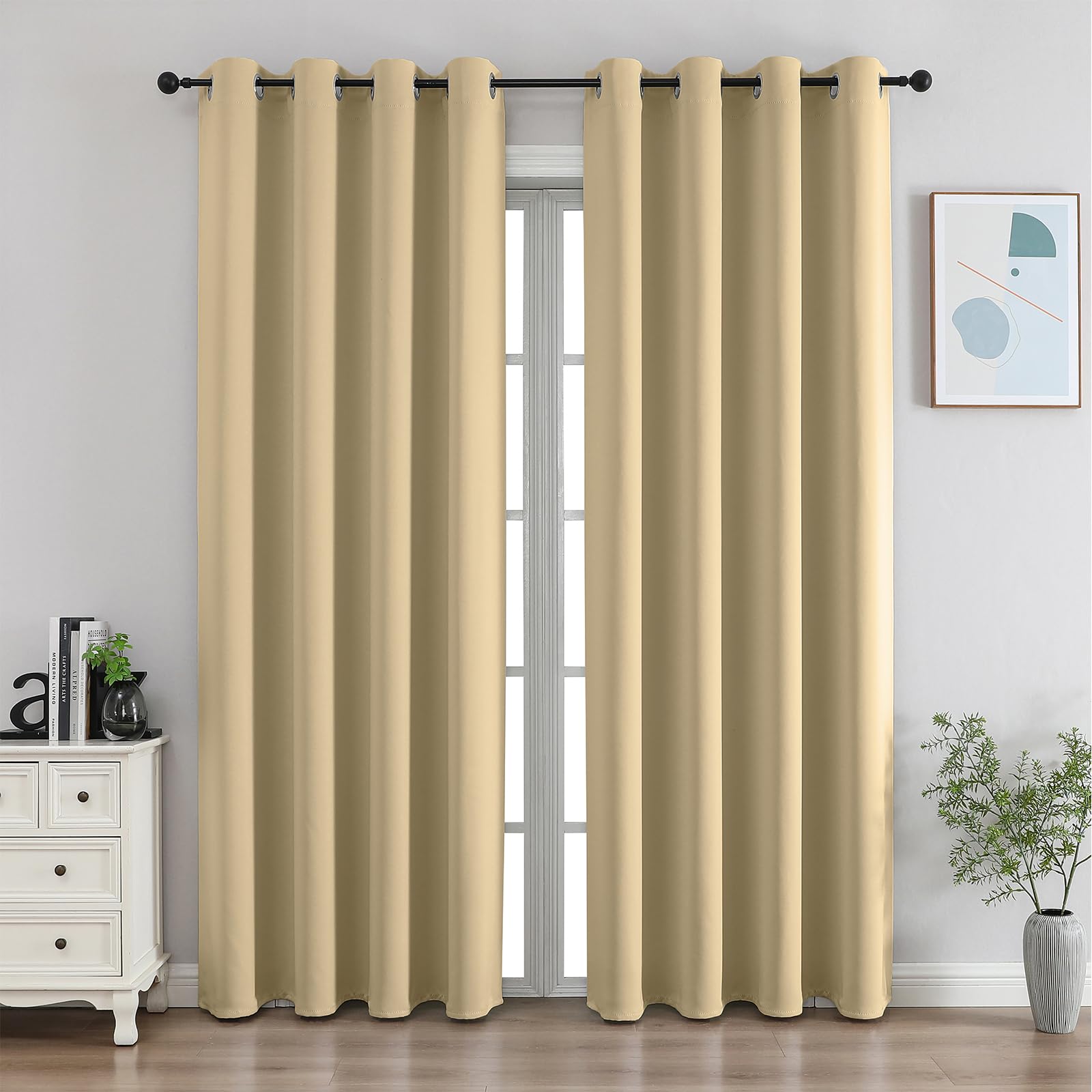 CUCRAF beige blackout curtains front view showing full-length coverage and privacy