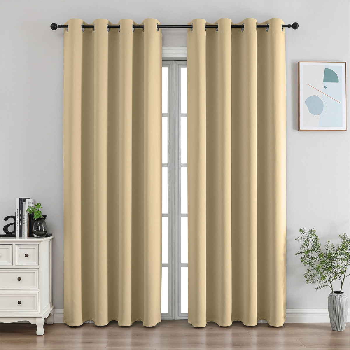 CUCRAF beige blackout curtains front view showing full-length coverage and privacy