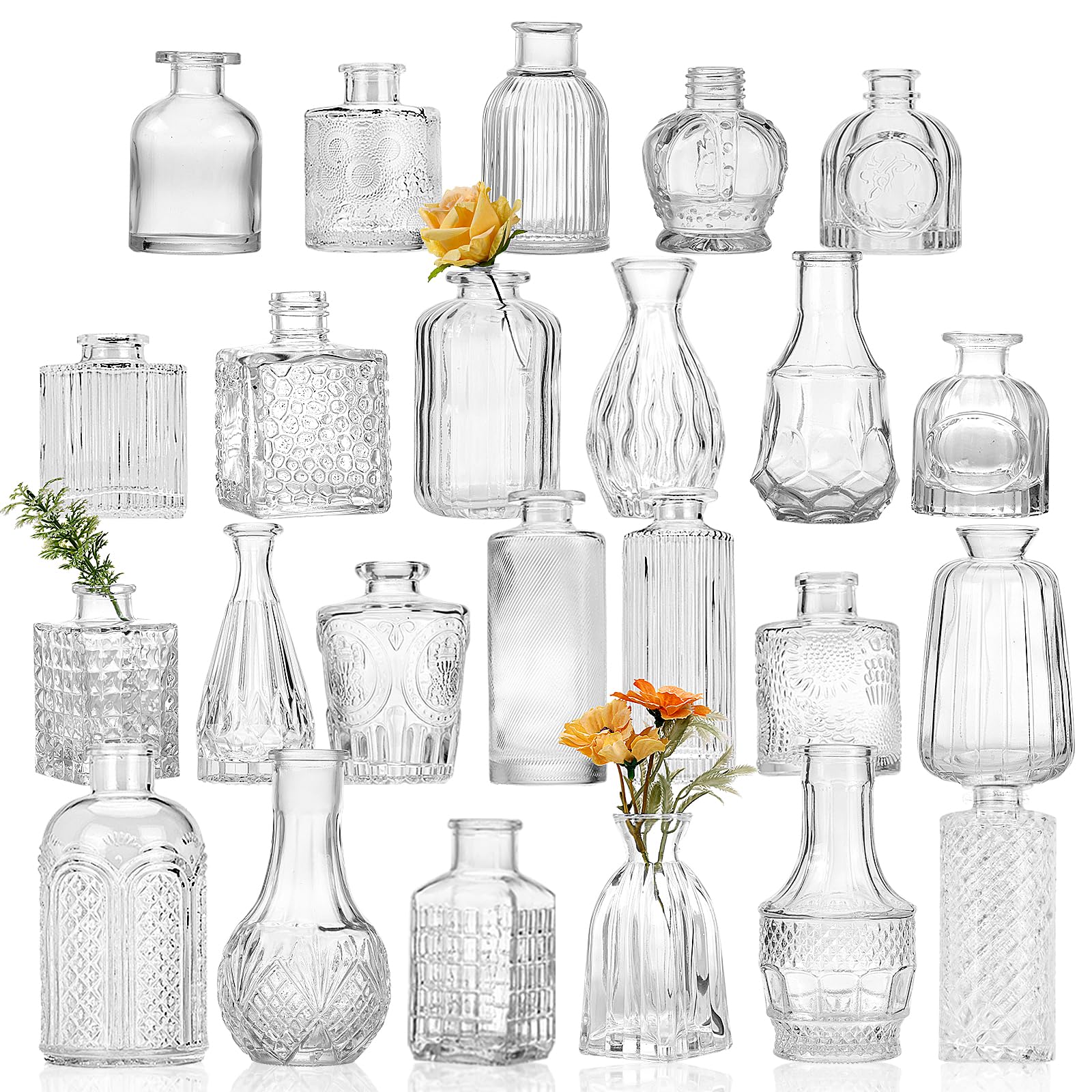 CUCUMI front packaging of 24-piece clear bud vases, safe shipping benefit
