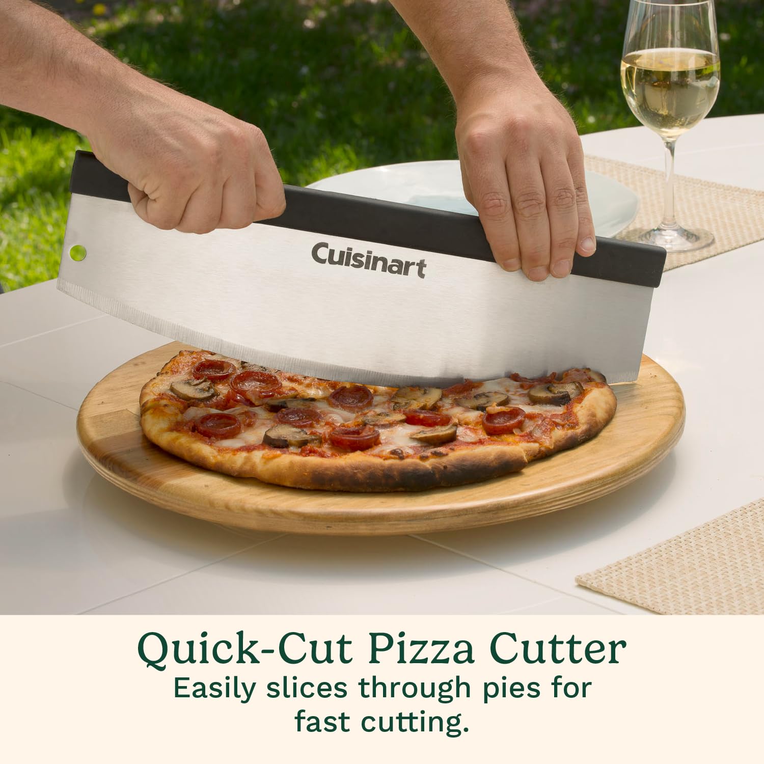 Cuisinart stainless steel pizza cutter close-up for fast clean slices